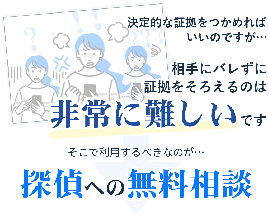 決定的な証拠をつかめればいいのですが相手にバレずに証拠をそろえるのは非常に難しいです。そこで利用すべきなのが探偵への無料相談！