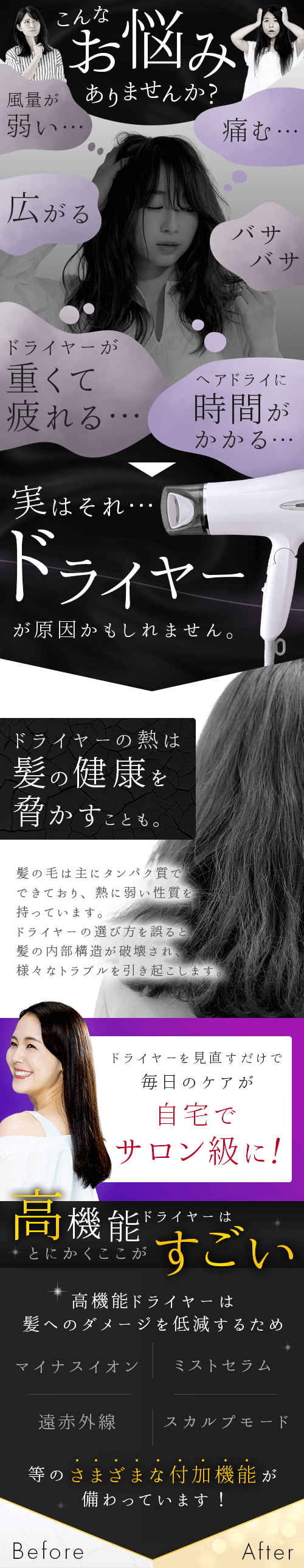 髪が痛んだり広がったりドライに時間がかかったり…実はそれドライヤーが原因かも。ドライヤーの熱は紙の健康を脅かすこともあります。高機能ドライヤーは紙へのダメージを低減するためのさまざまな付加機能が備わっています！