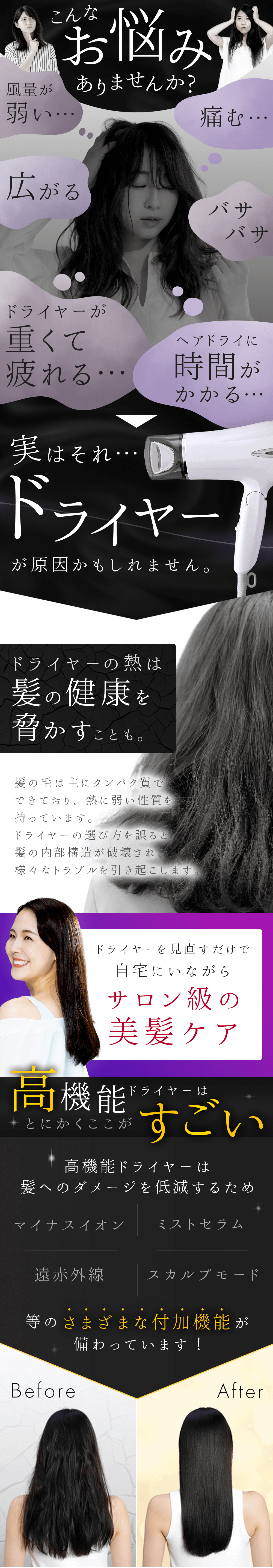 髪が痛んだり広がったりドライに時間がかかったり…実はそれドライヤーが原因かも。ドライヤーの熱は紙の健康を脅かすこともあります。高機能ドライヤーは紙へのダメージを低減するためのさまざまな付加機能が備わっています！