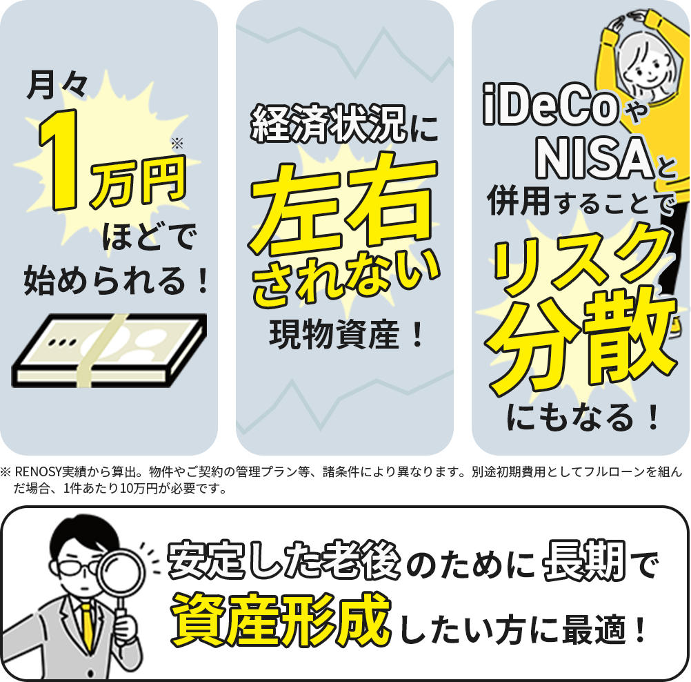 月々1万円ほど※で始められる！経済状況に左右されにくい！iDeCoやNISAと併用することでリスク分散にもなる！長期で安定した資産形成をしたい方にはおすすめ