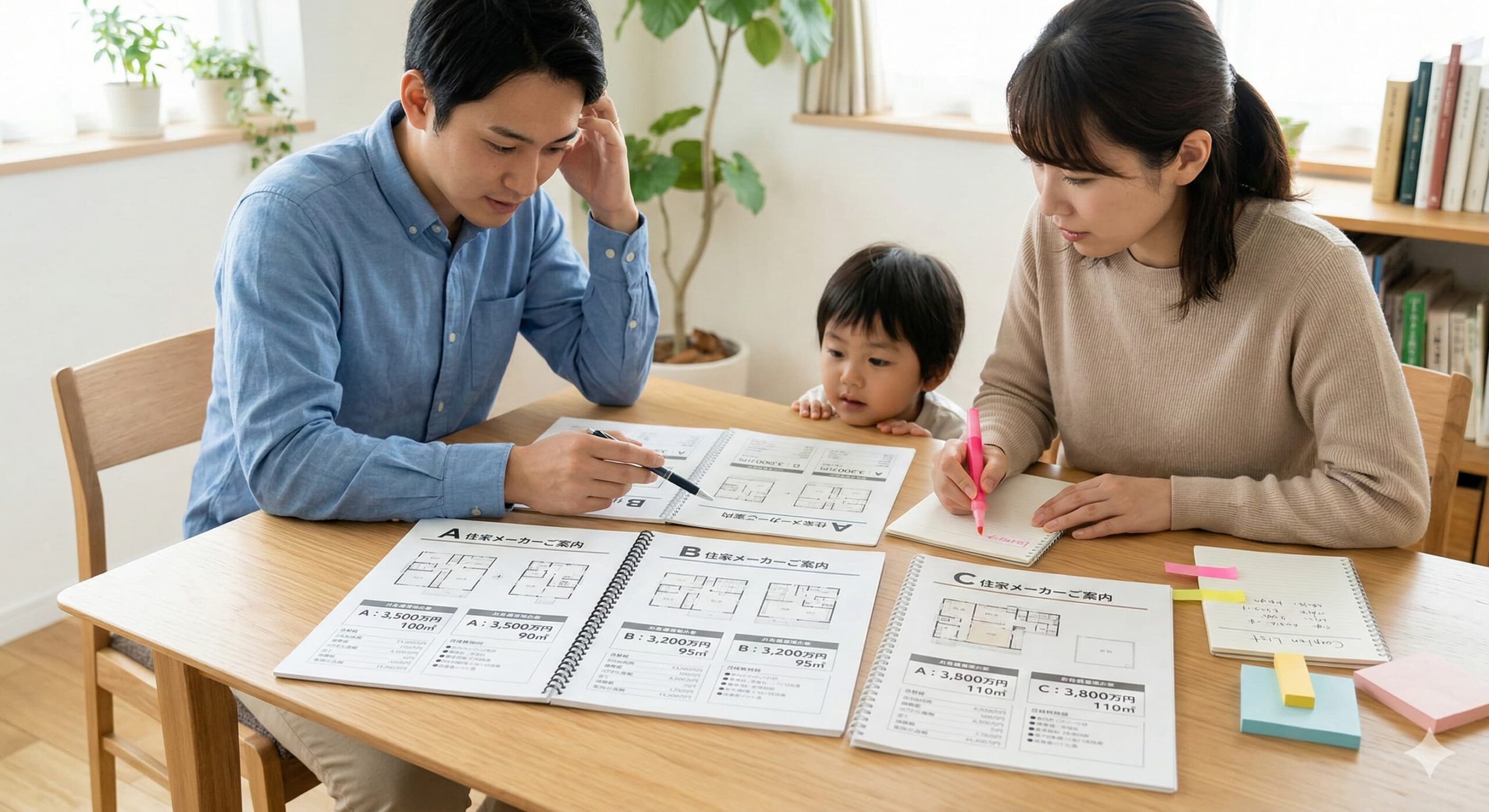 提案書を比較する家族