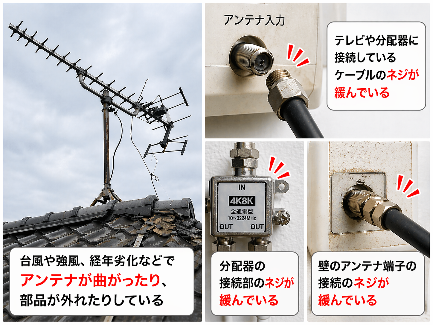 アンテナや配線の故障個所の例