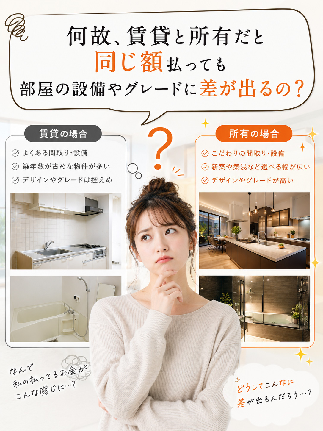 何で賃貸と所有で同じくらいのお金を払うのに部屋の設備やグレードに差が出るの？
