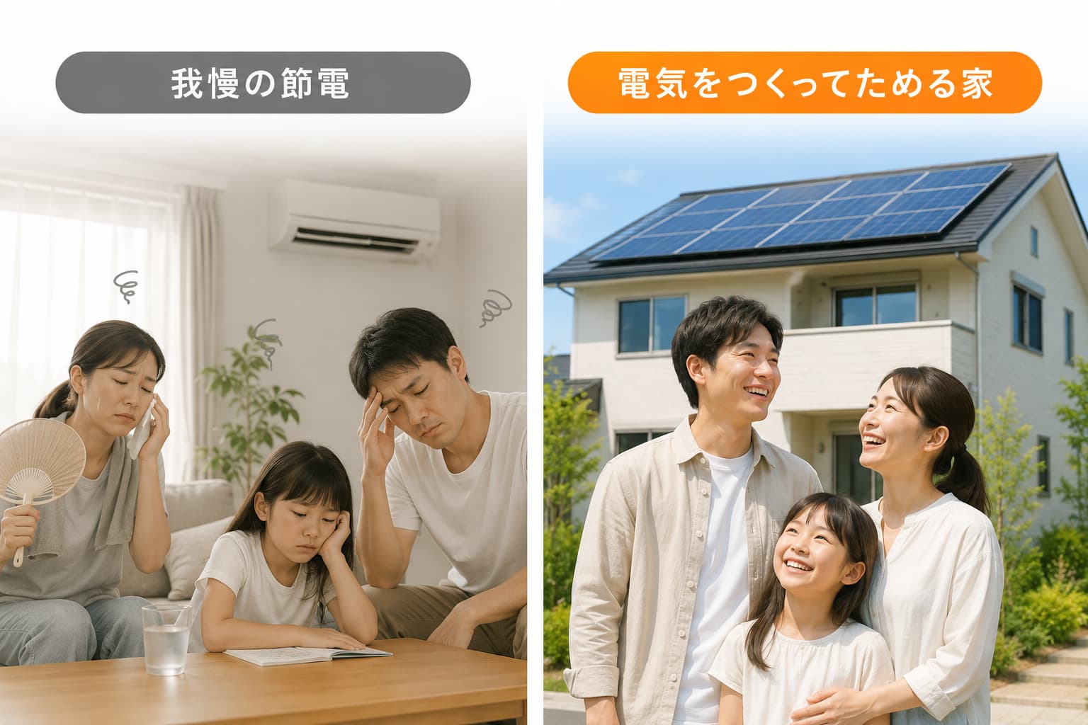 節電で我慢の家庭と太陽光蓄電池で豊かな家庭