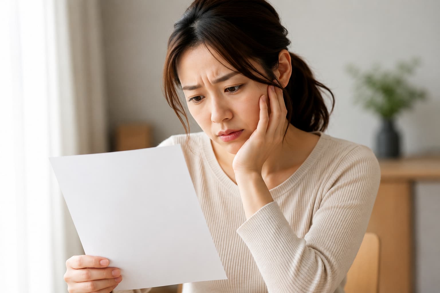 電気代の明細を見てため息をつく女性