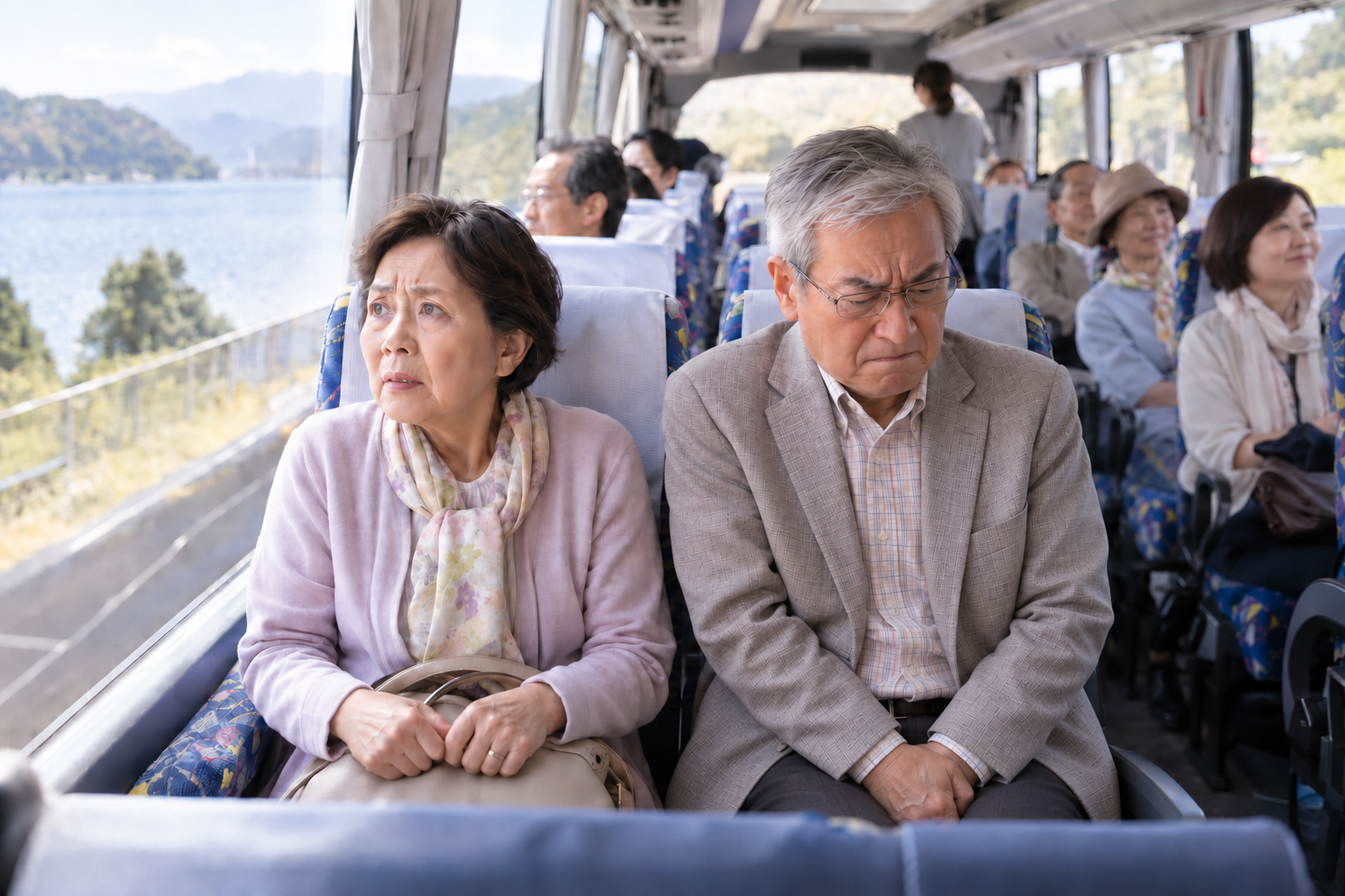 バスツアーの途中でトイレに行きたい男性と女性