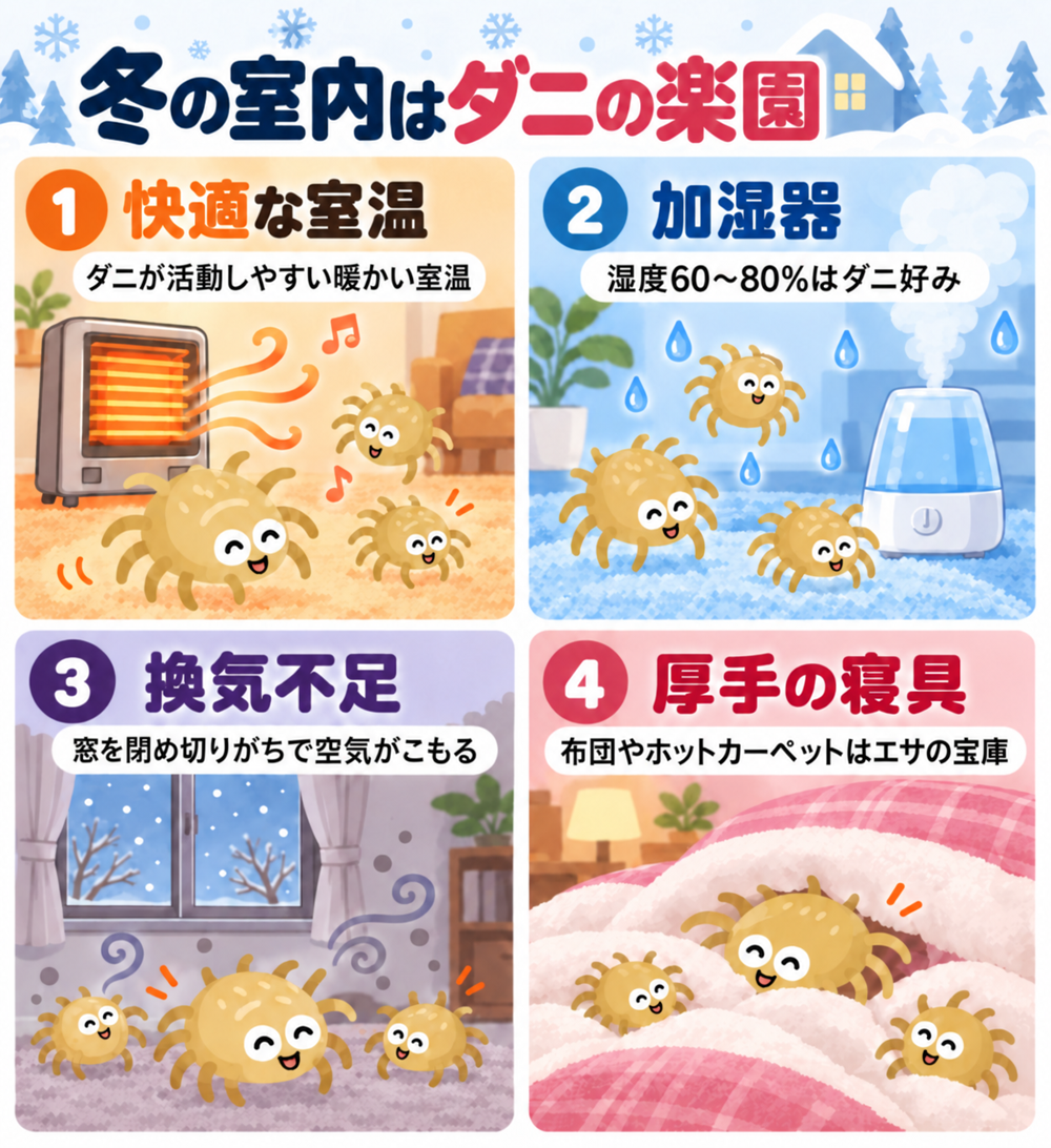 冬はダニが繁殖しやすい環境