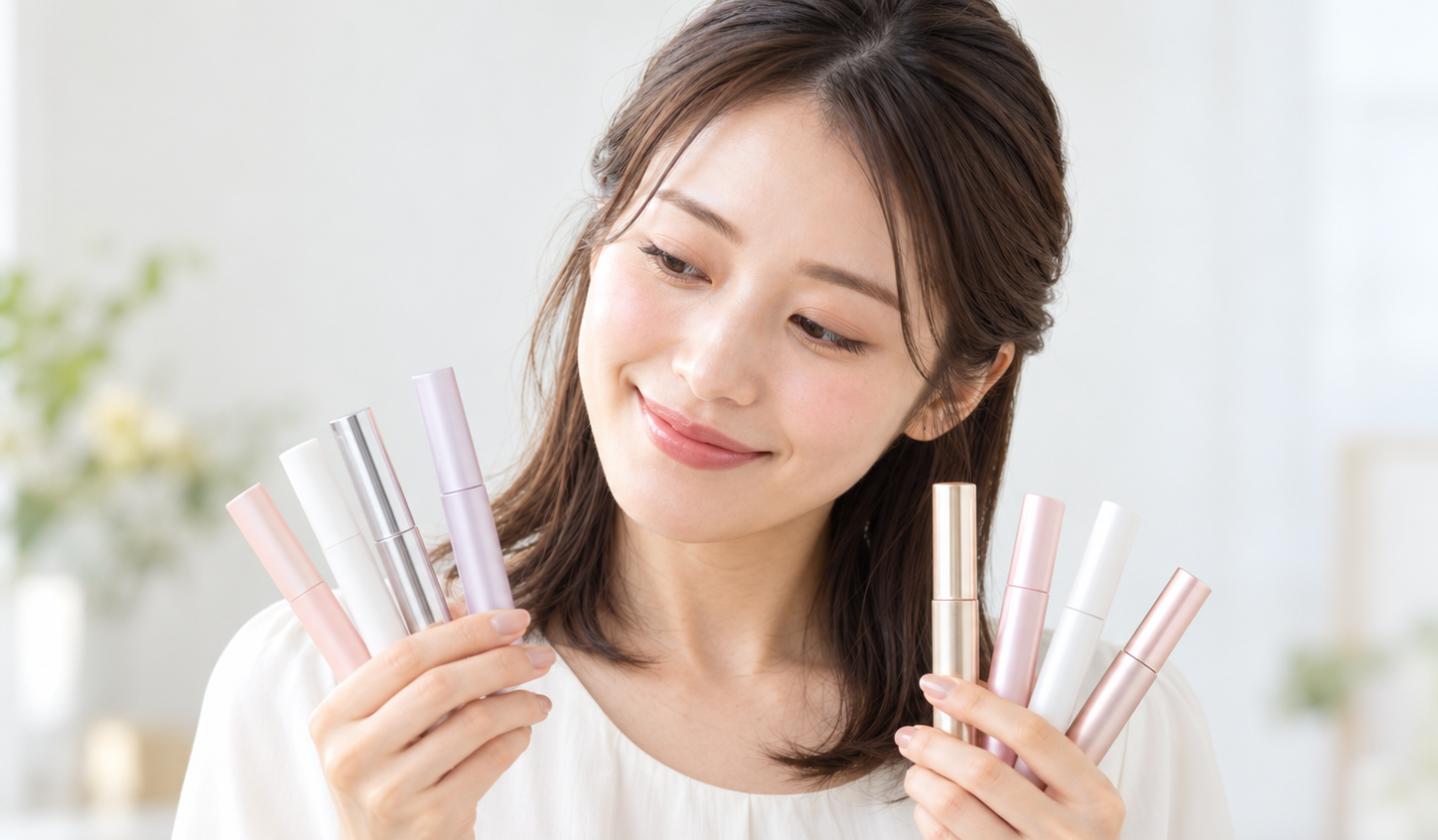 つ毛美容液を選ぶ笑顔の女性