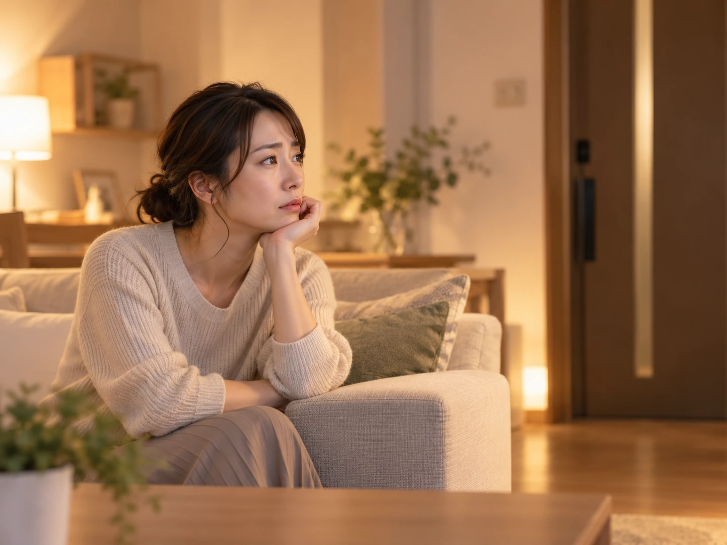 夜のリビングで帰りを待ちながら不安そうに玄関を見つめる女性