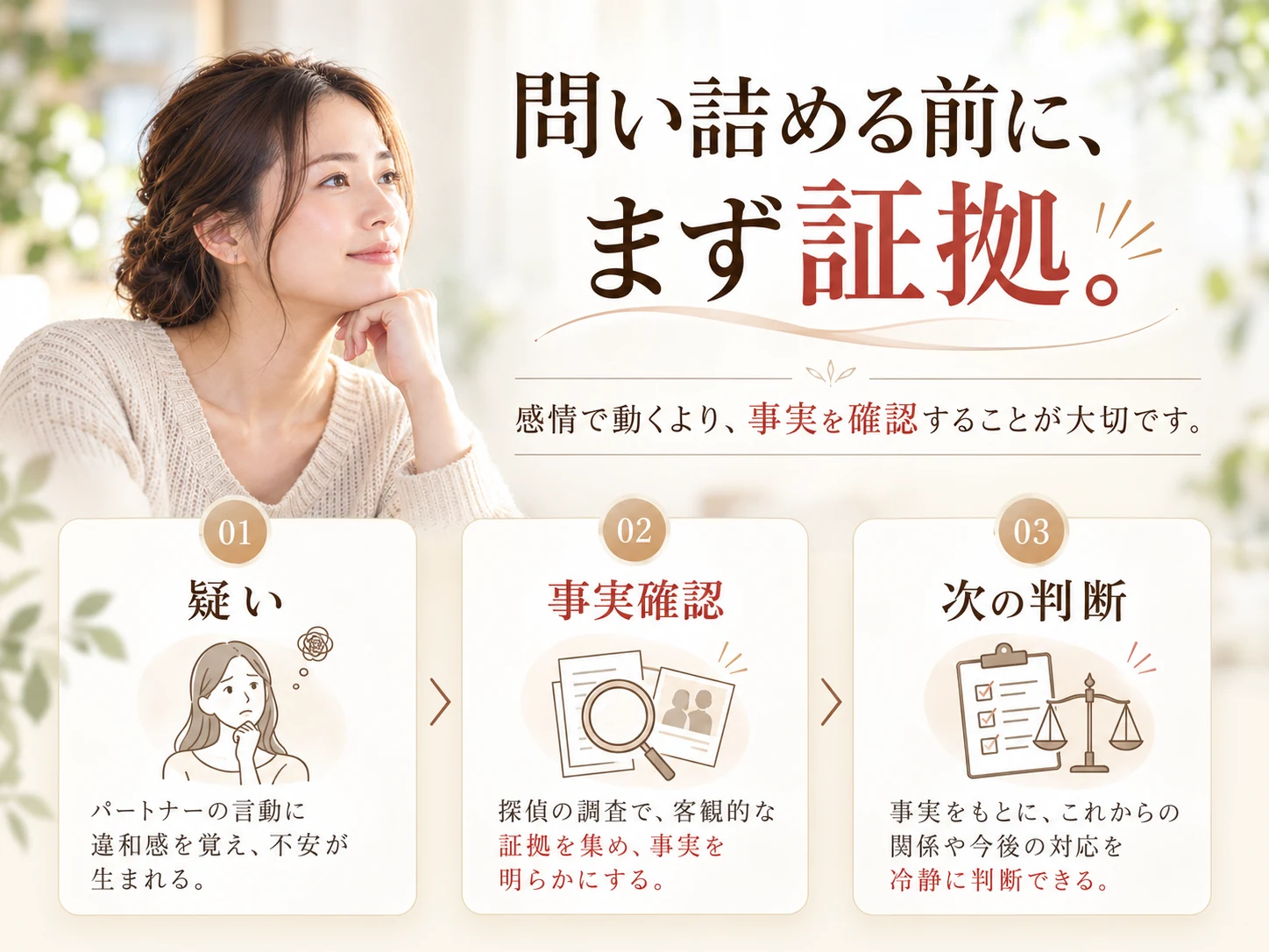 疑いから事実確認を経て今後の判断につなげる流れ
