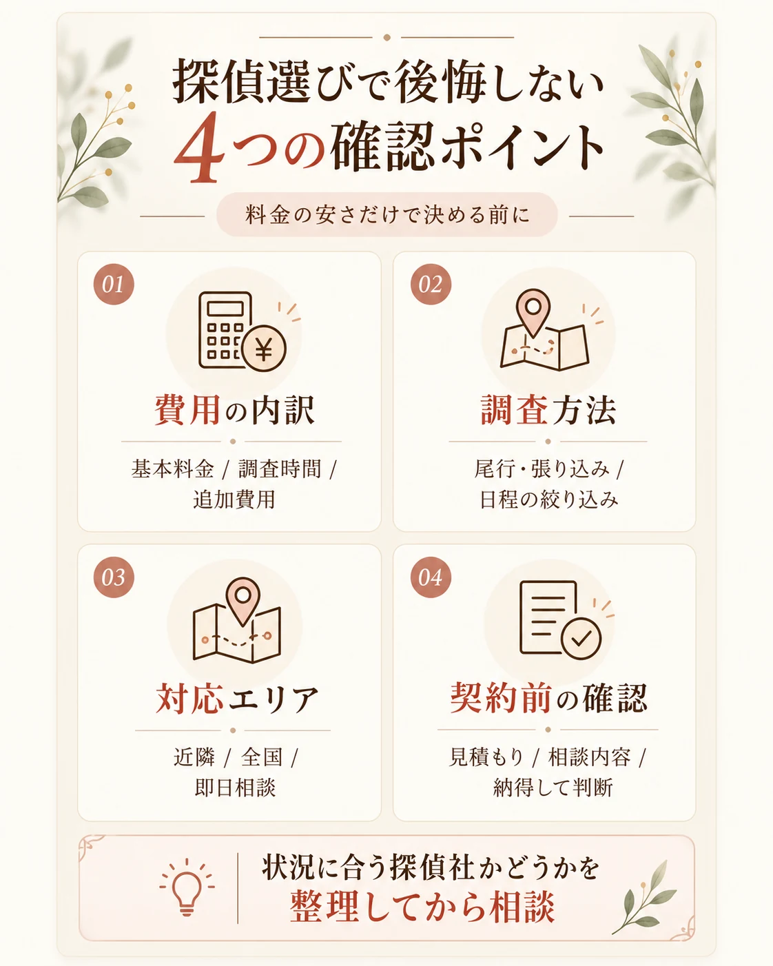 探偵選びで確認したい費用の内訳、調査方法、対応エリア、契約前の確認