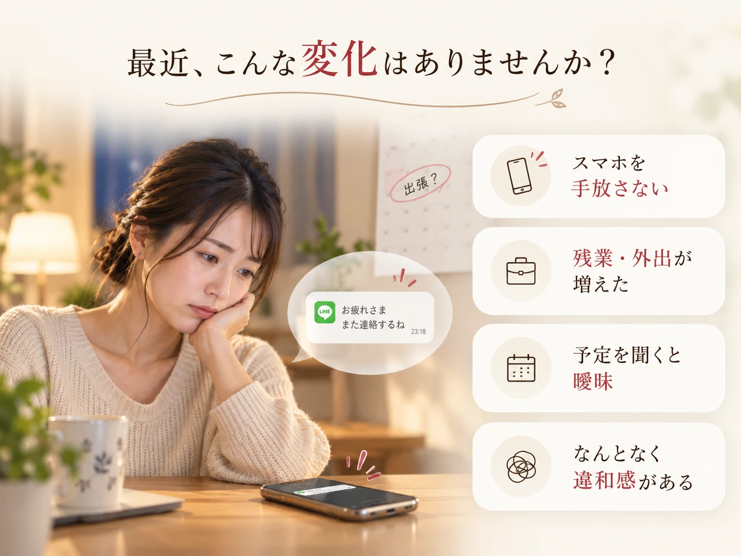 スマホを手放さない、外出が増えた、予定を聞くと曖昧などの変化